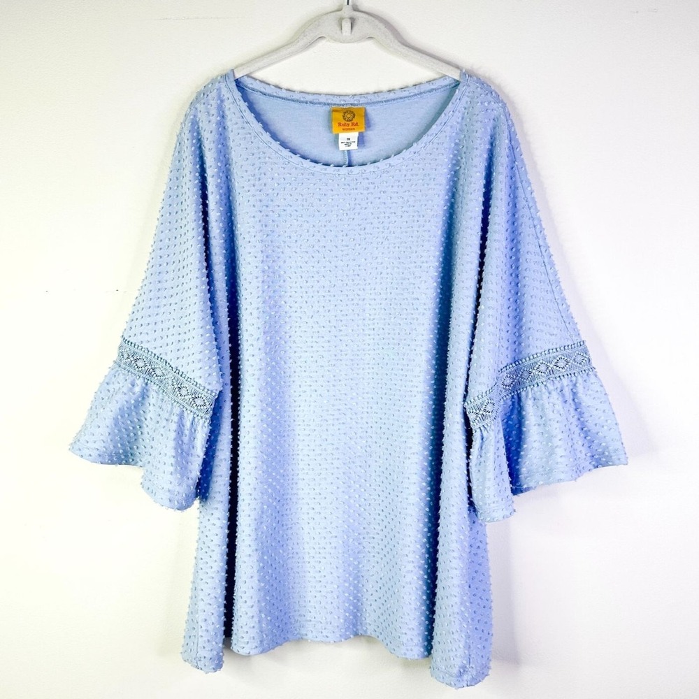 Ruby‎ Rd Top Women 1X Plus Blue Tunic Chenille Bell Sleeve Bohemian Cottage NWOT